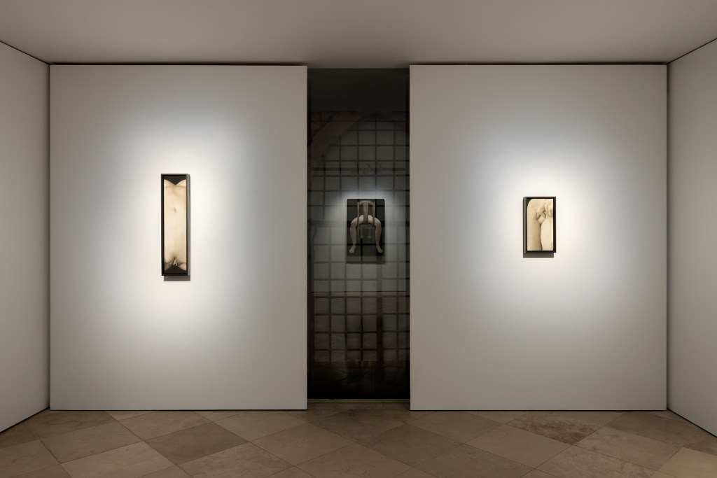 Veduta della mostra Skin on Skin di Saskia Colwell presso la galleria Victoria Miro, Venezia, 2025. Installazione espositiva delle opere dell’artista in un contesto contemporaneo. © Saskia Colwell. Courtesy dell’artista e di Victoria Miro