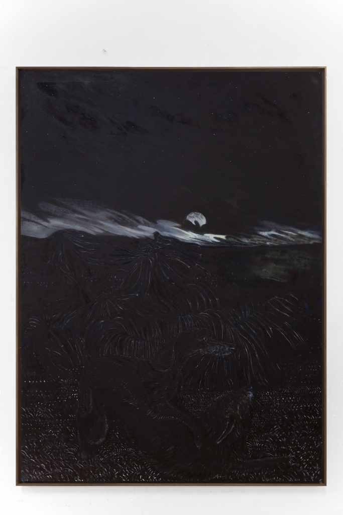 Large-format painting by Alessandro Miotti from 2024, combining oil pastel, acrylic, and oil paint on canvas. The work, titled A tutte le ore del giorno (quattro giorni di pioggia, una luna bugiarda), measures 136 × 186 cm