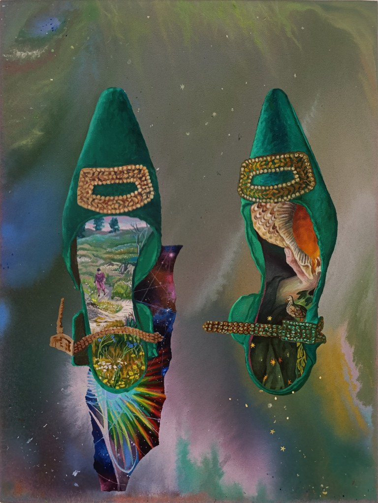 Painting by Anastasiya Parvanova, titled Back to Earth, 2024. Oil and acrylic on canvas, 45 × 60 cm