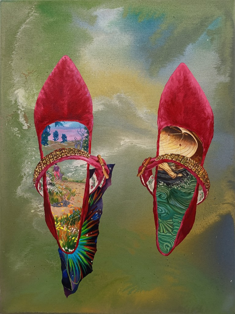 Painting by Anastasiya Parvanova, titled Same Planet Different Worlds, 2024. Oil and acrylic on canvas, 45 × 60 cm.