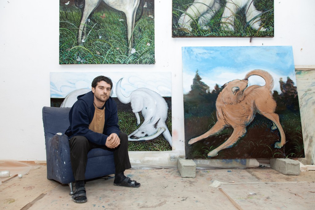 Square canvas by Alessandro Miotti, 2024, featuring layered oil pastel, acrylic, and oil paint. Titled Ancora, e ancora (quante volte ricadrò nelle stesse situazioni), 150 × 150 cm