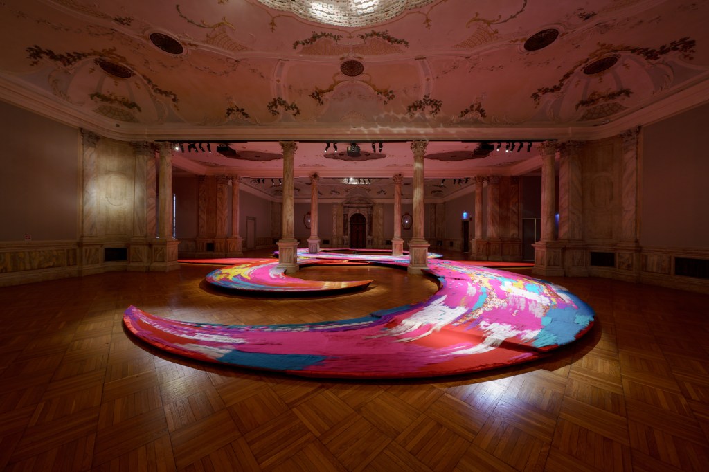 Exhibition view of Memory of Hope by Gulnur Mukazhanova at Ca’ Giustinian, Sala delle Colonne, Venice, 2024-25. Photo by Andrea Avezzù, courtesy of La Biennale di Venezia