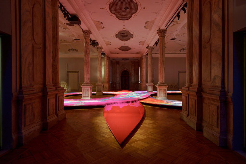 Exhibition view of Memory of Hope by Gulnur Mukazhanova at Ca’ Giustinian, Sala delle Colonne, Venice, 2024-25. Photo by Andrea Avezzù, courtesy of La Biennale di Venezia