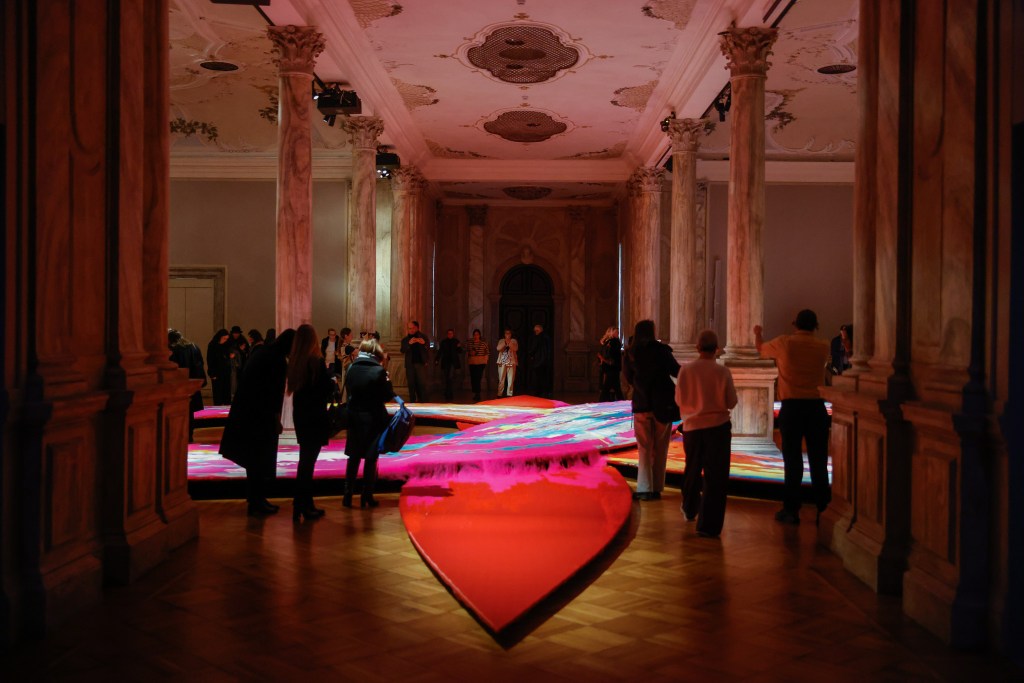 Exhibition view of Memory of Hope by Gulnur Mukazhanova at Ca’ Giustinian, Sala delle Colonne, Venice, 2024-25. Photo by Andrea Avezzù, courtesy of La Biennale di Venezia