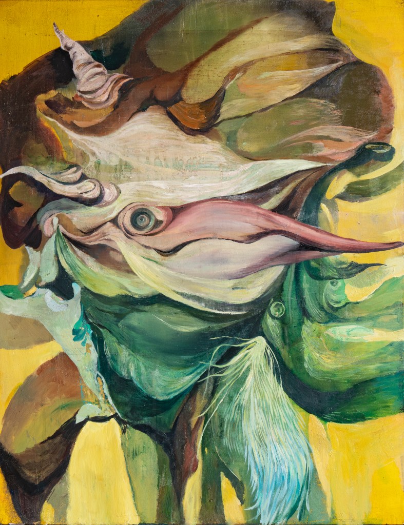 Golden Avian (2024) by Daria Dmytrenko, oil on board, 35 by 45 cm. Courtesy of the artist.