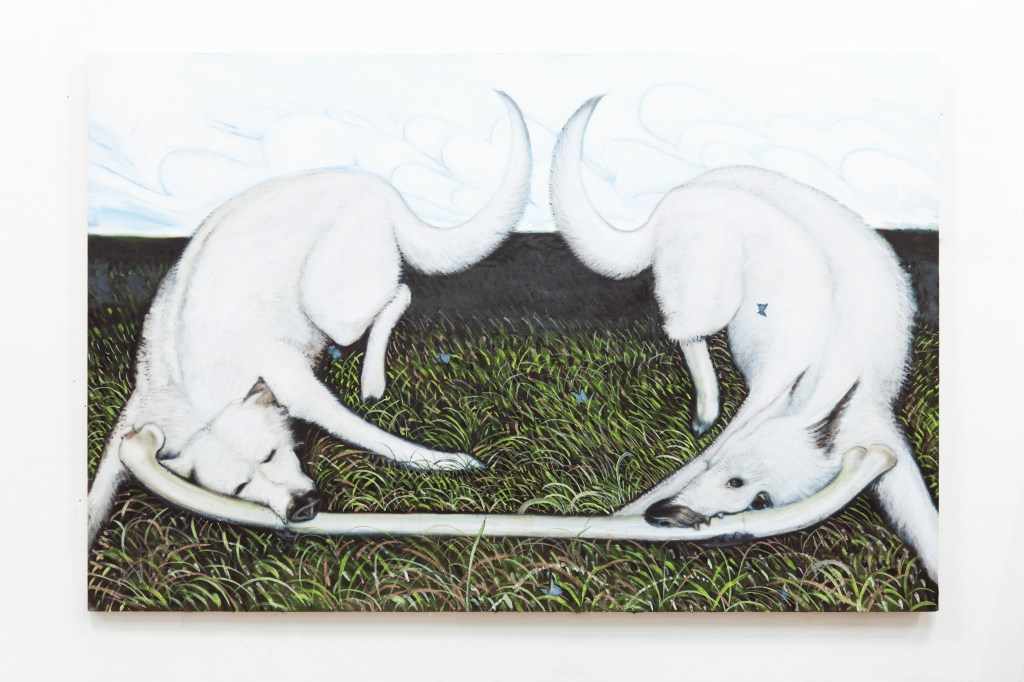 Expressive painting by Alessandro Miotti, La fame (e l’amore), 2024. Created with oil pastel, acrylic, and oil paint on canvas, 108.5 × 165.5 cm