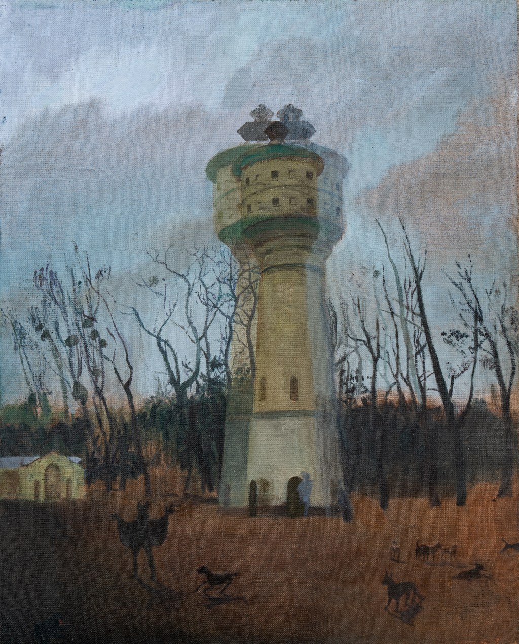 Small-format oil on linen Shaky Tower by Bogdan Koshevoy, 2024, depicting an abstract, unstable vertical form, 47 × 38 cm