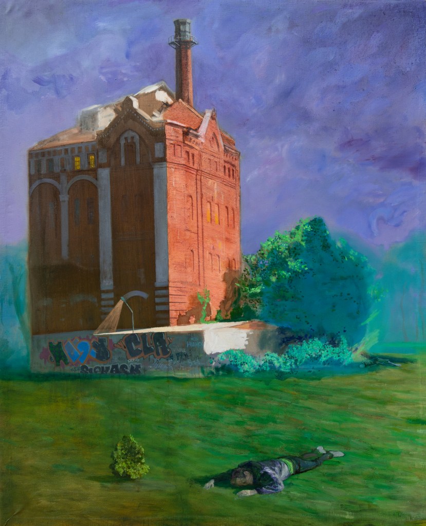 Oil painting The Outskirts by Bogdan Koshevoy, 2023, exploring peripheral urban or natural landscapes in muted tones, 140 × 114 cm