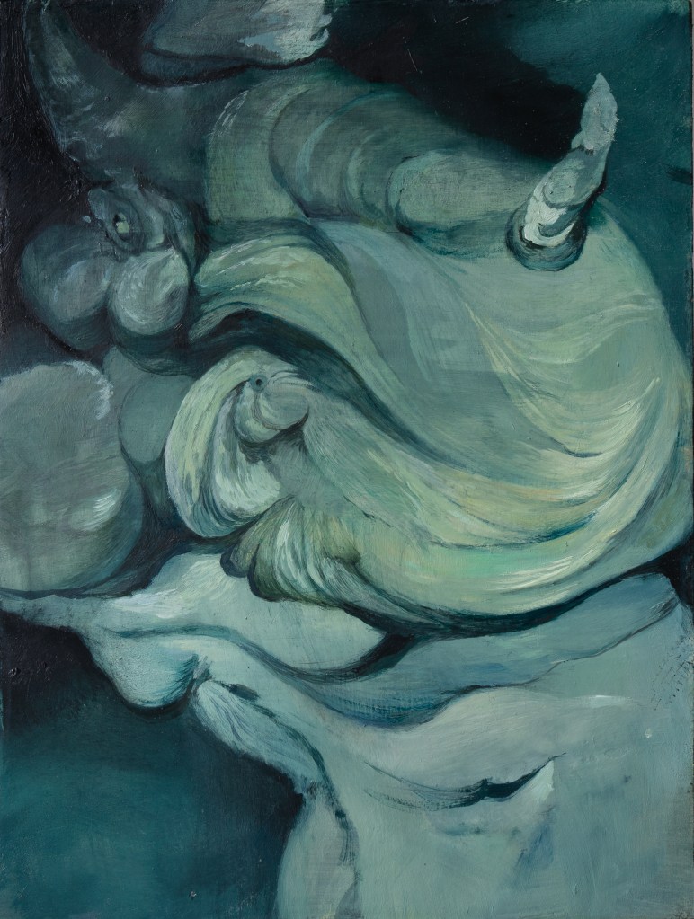 Timid Grey Creature (2024) by Daria Dmytrenko, oil on board, 32 by 24 cm. Courtesy of the artist.