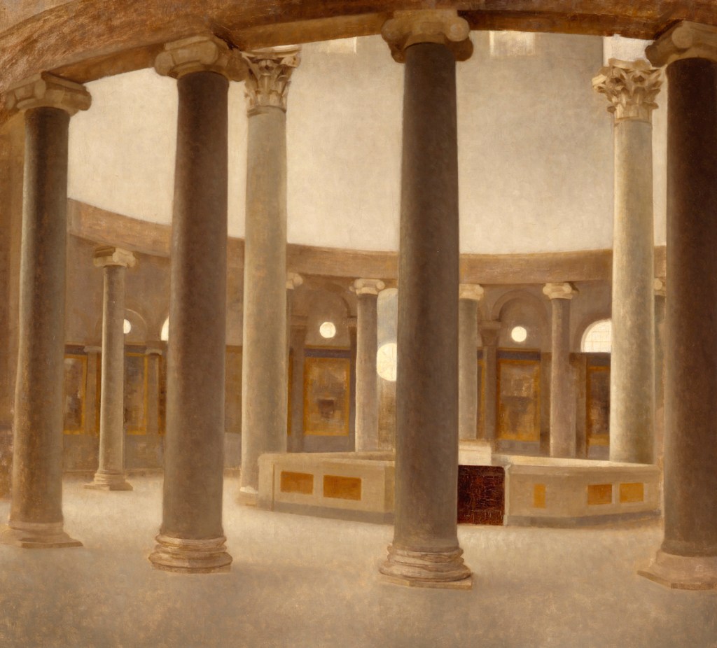Interno della chiesa di Santo Stefano Rotondo a Roma, 1902, by Vilhelm Hammershøi. An architectural interior with Romanesque arches, located at Kunstmuseum Brandts, Odense