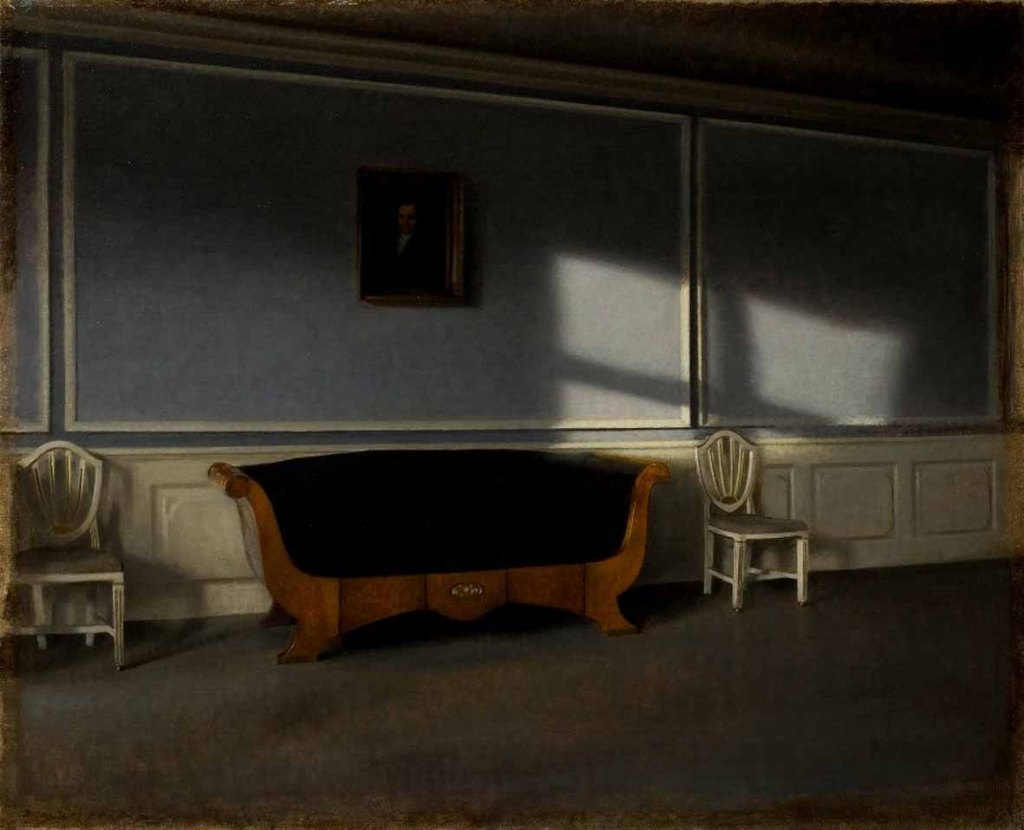 Painting by Vilhelm Hammershøi, Sunshine in the Drawing Room III. Strandgade 30, 1903. A quiet domestic interior with diffused sunlight, held at the Nationalmuseum, Stockholm.