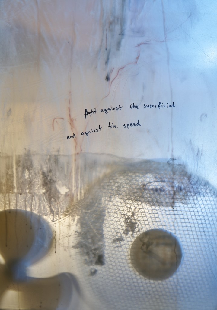 Detail view of I love seeing myself through the eyes of others (2025) by Tolia Astakhishvili, showing plastic, paint, photos, and object arrangements within a complex installation environment. Sound by Dylan Peirce. Dimensions: 614 × 430 × 290 cm.