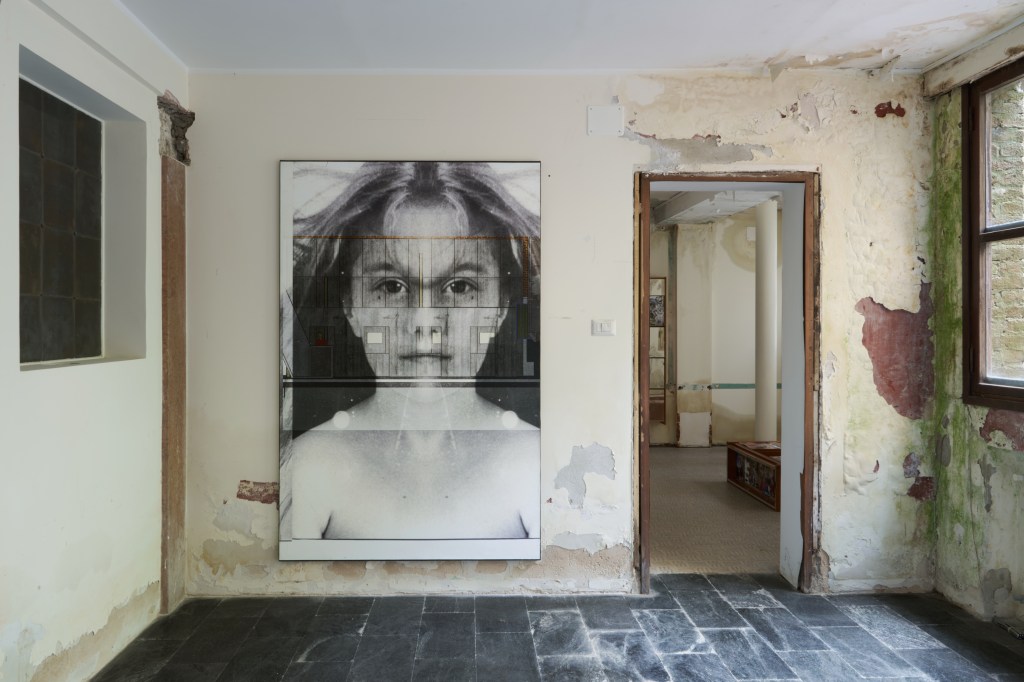 Our Friends In the Audience (2024) by Tolia Astakhishvili and James Richards, print and marouflage on canvas, 200 by 130 cm. The piece merges layered image surfaces with cinematic atmosphere and collaborative subjectivity.