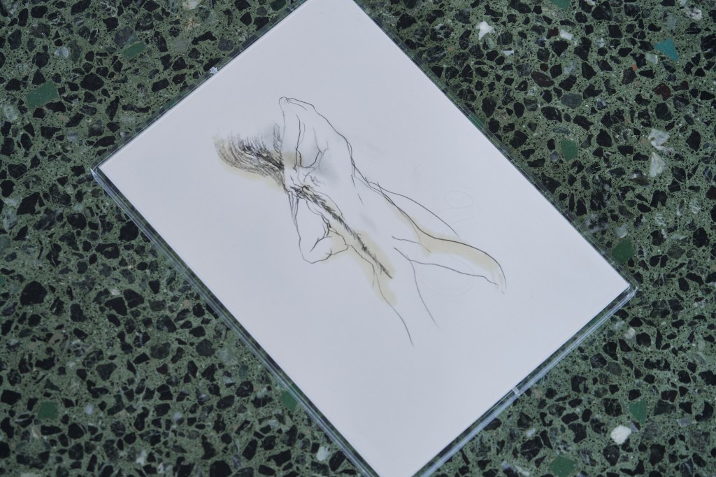 a timeline of physical attributes (2025), drawing on paper using pencil, ink, and pastel, framed in plexiglass, 31 by 22 cm. A diaristic visual reflection on the body and perception across time.