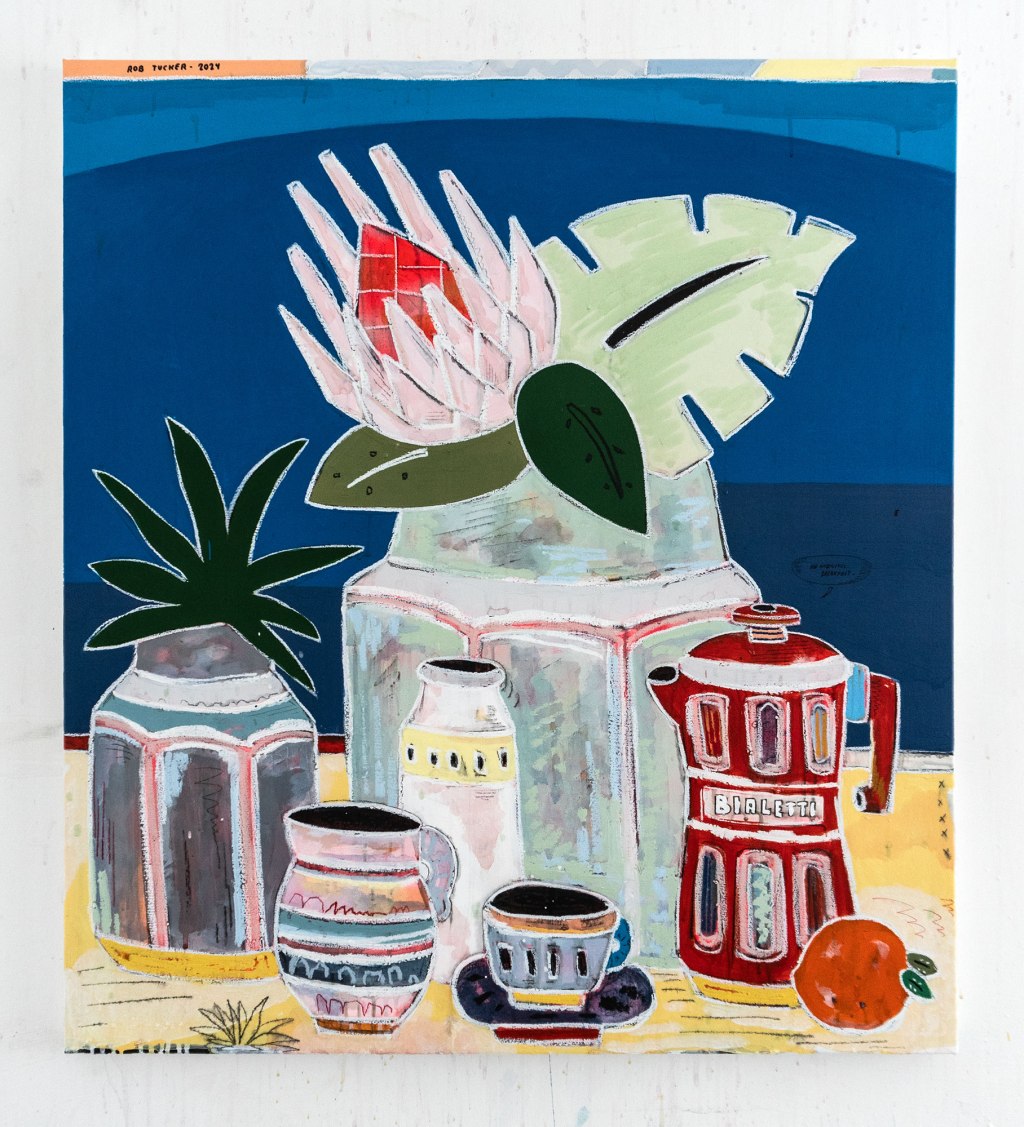 An Ambiguous Breakfast (2024) by Rob Tucker, a mixed-media work combining acrylic, oil pastel and stick, oil varnish, diluted dye, and water pencil, finished with epoxy resin. The painting measures 90 by 100 cm. Photo by Elena Andreato. Courtesy of Rob Tucker