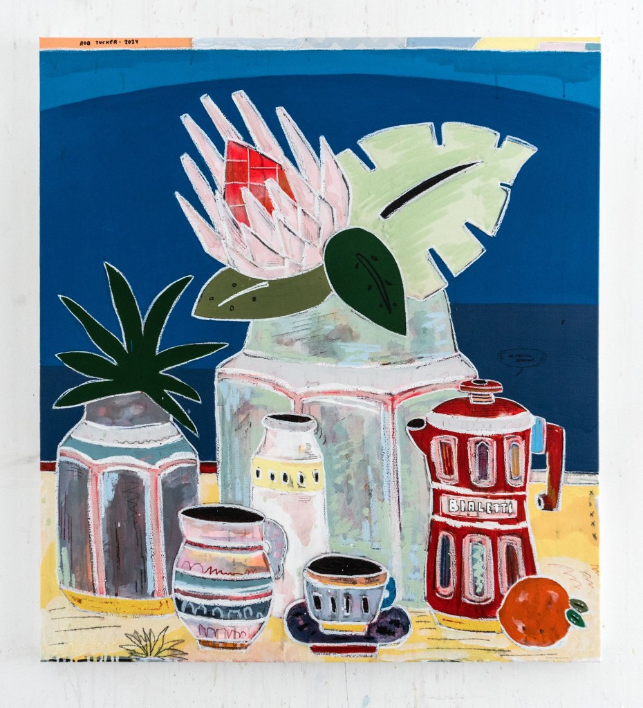 An Ambiguous Breakfast (2024) by Rob Tucker, a mixed-media work combining acrylic, oil pastel and stick, oil varnish, diluted dye, and water pencil, finished with epoxy resin. The painting measures 90 by 100 cm. Photo by Elena Andreato. Courtesy of Rob Tucker