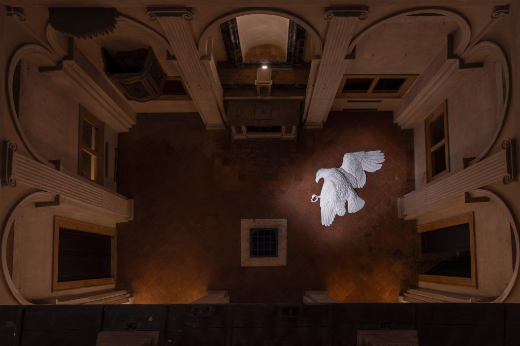 Installation view of Bones (2025) by Maurizio Cattelan, at Ex Oratorio di San Lupo, Bergamo. Photo by Lorenzo Palmieri.