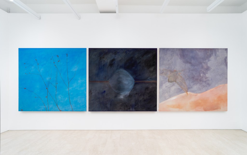 Installation view of Rendezvous at Fondazione Sandra e Giancarlo Bonollo, Thiene, 2025. From left to right: Rendezvous 28, Rendezvous 31, and Rendezvous 27 (all 2025) by Nino Kapanadze. Photo by Giovanni Canova. Courtesy of Fondazione Sandra e Giancarlo Bonollo