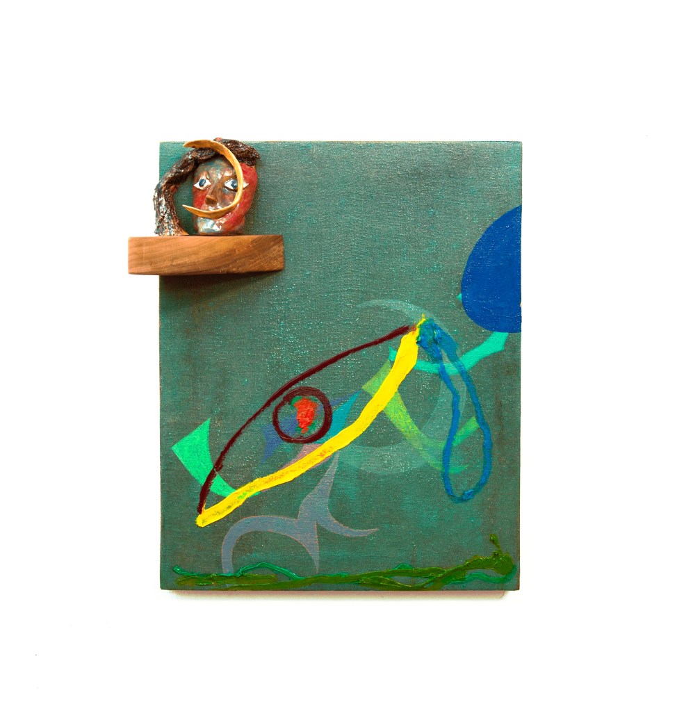 Natural Mania (2024) by Mattia Sinigaglia, composed of oil, ceramic, wood, and linen, measuring 50 by 40 cm. The work combines painting and sculptural elements in a textured, hybrid composition.