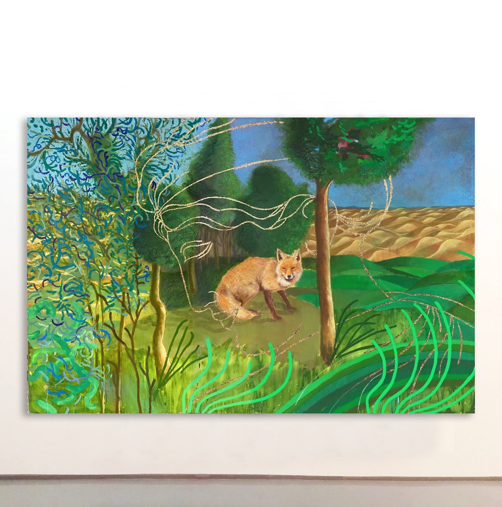 Ti vede by Mattia Sinigaglia, oil and gold, silver, and multicolor leaf on canvas, 200 by 300 cm. The work features a richly textured surface that blends traditional painting with reflective, luminous materials.