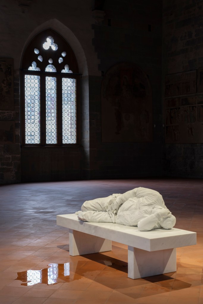 Installation view of November (2024) by Maurizio Cattelan, at Palazzo della Ragione, Bergamo, 2025. Photo by Lorenzo Palmieri