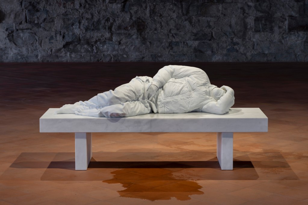 Installation view of November (2024) by Maurizio Cattelan, at Palazzo della Ragione, Bergamo, 2025. Photo by Lorenzo Palmieri