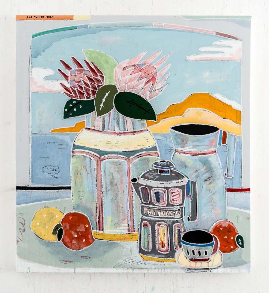 One Comfortable Cupa (2024) by Rob Tucker, mixed media on canvas combining acrylic, oil pastel and stick, oil glaze, diluted dye, and watercolour pencil, finished with epoxy resin. The work measures 90 by 100 cm. Photo by Elena Andreato. Courtesy of Rob Tucker