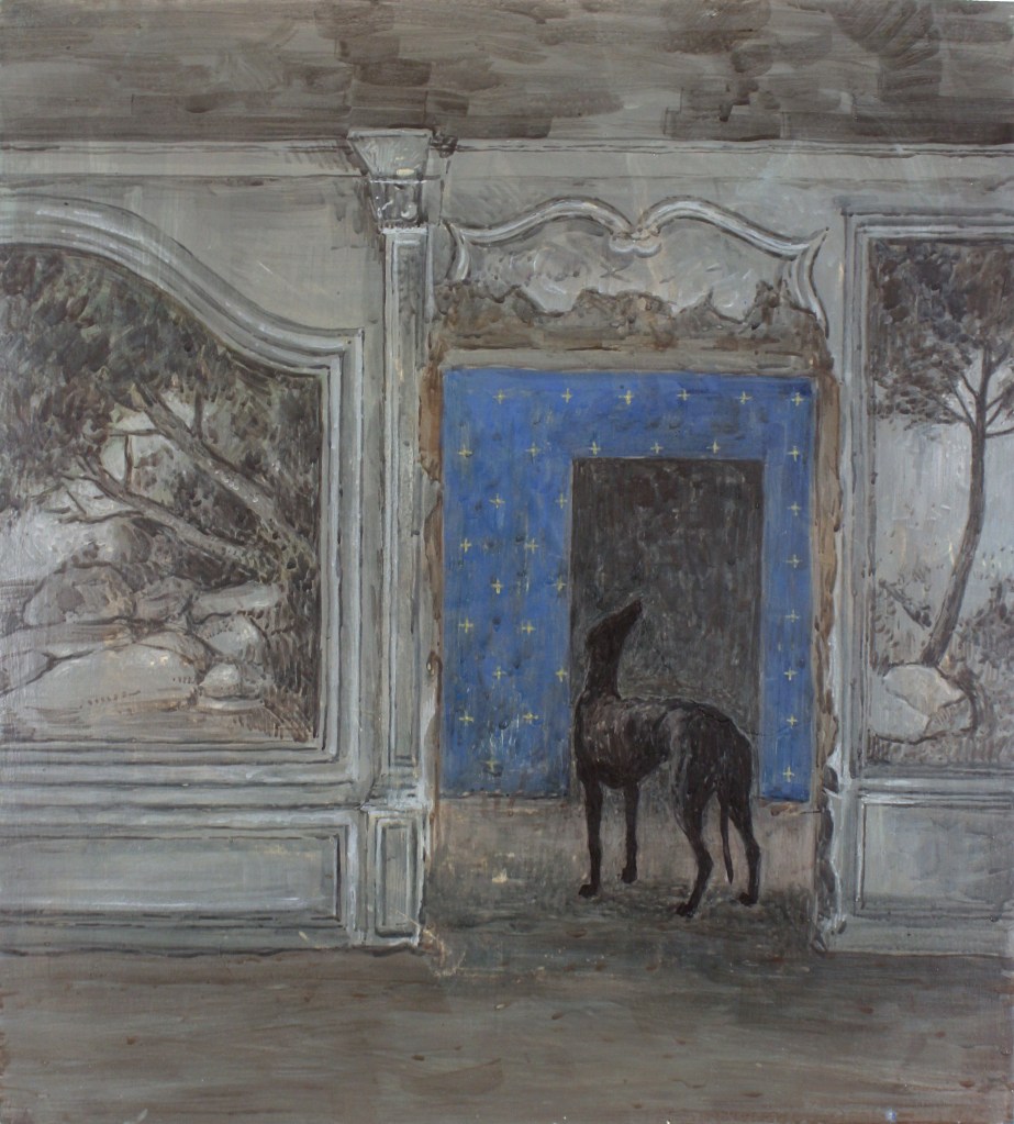 Quiet the room (2024) by Riccardo Albiero, egg tempera on panel, 45 by 40.5 cm. A serene, introspective scene rendered in soft tones and fine detail, inviting a sense of silence and emotional intimacy.