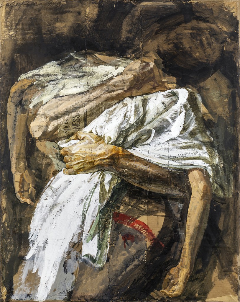 Abbraccio (2000) by Safet Zec, oil and collage on canvas, 100 by 80 cm. The work captures a tender embrace through expressive brushstrokes and layered textures, conveying emotional depth.