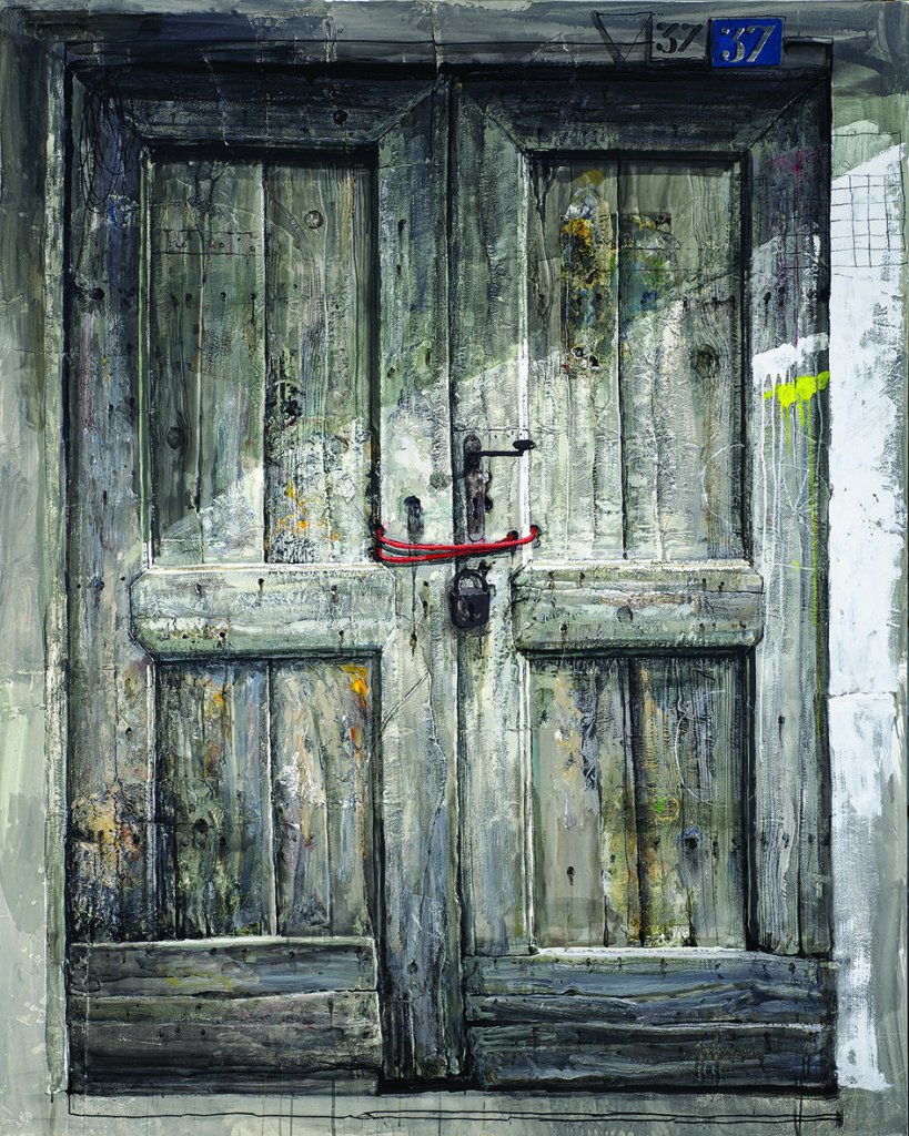 Porta di legno (2012) by Safet Zec, tempera and collage on paper, canvas on wooden stretcher, 200 by 160 cm. The artwork presents a weathered wooden door with rich tactile qualities, suggesting history and memory through surface and scale.