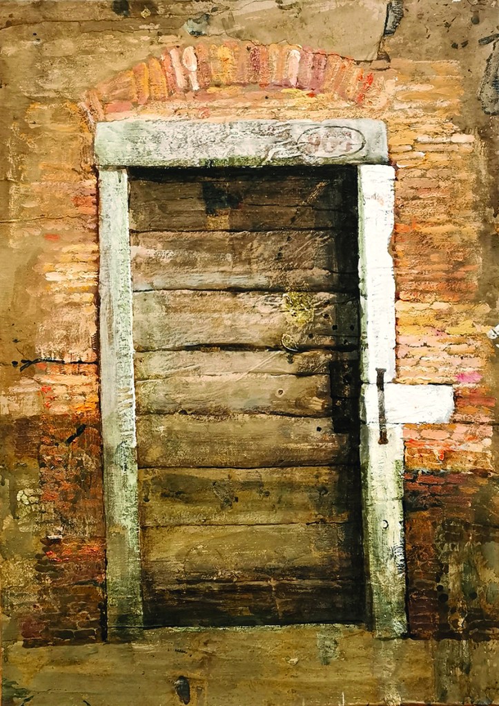 Porta veneziana con numero (2018) by Safet Zec, created using tempera and collage on paper and canvas, 70 by 50 cm. The piece depicts a Venetian door with layered textures, blending architectural detail and material expression.