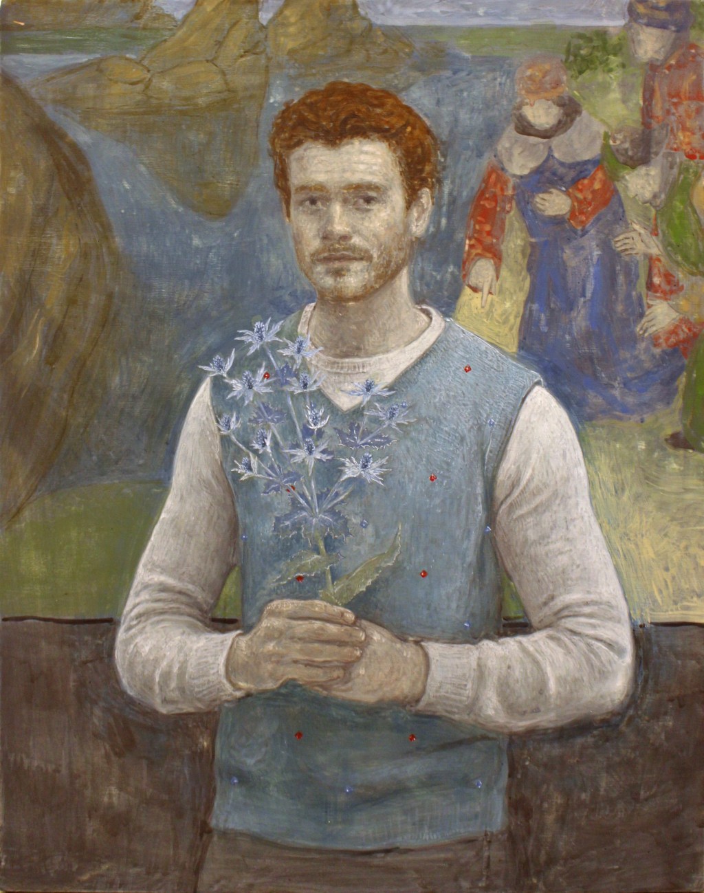 Searching for crystals (2024) by Riccardo Albiero, egg tempera on panel, 47.5 by 37.9 cm. The composition presents a contemplative figure engaged in a quiet act of searching, with subtle layers and soft lighting enhancing the introspective mood.