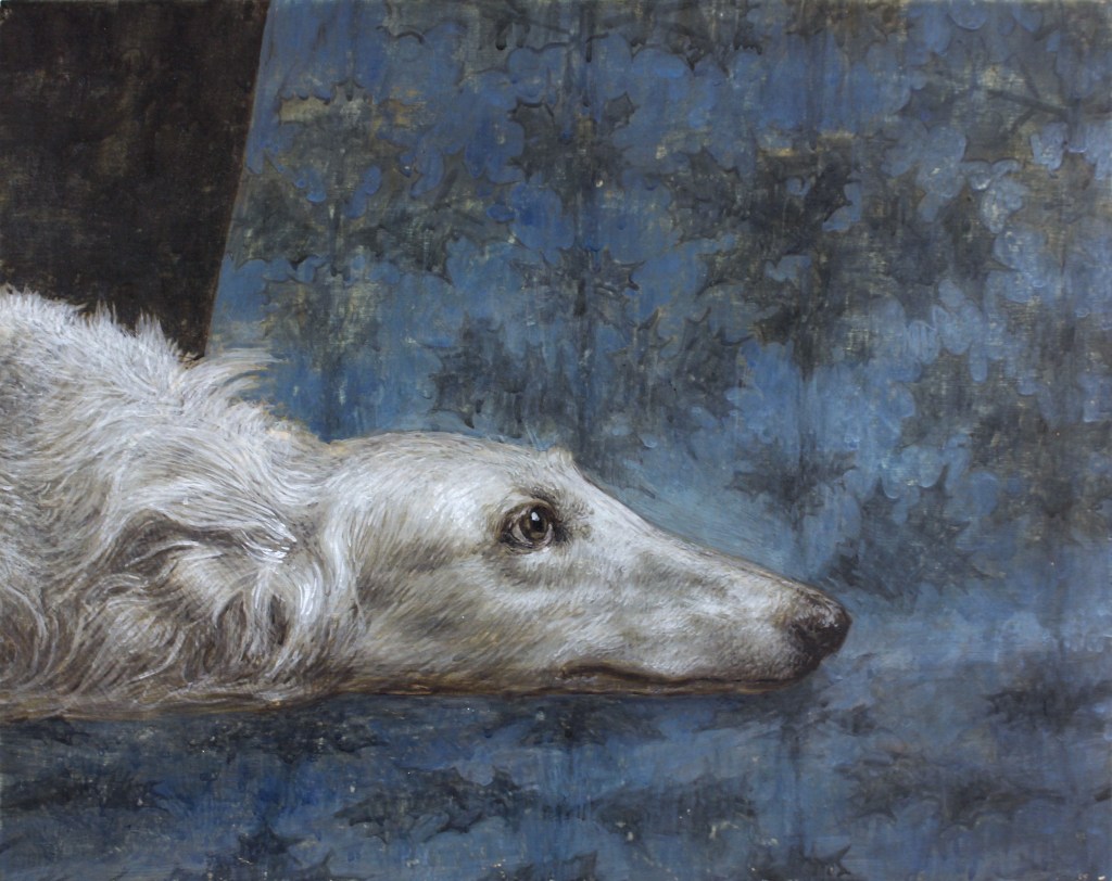 Sighthound (2024) by Riccardo Albiero, egg tempera on panel, 28.5 by 37 cm. A finely rendered painting depicting a lean, alert dog, evoking stillness and attentiveness through delicate brushwork and muted tones.