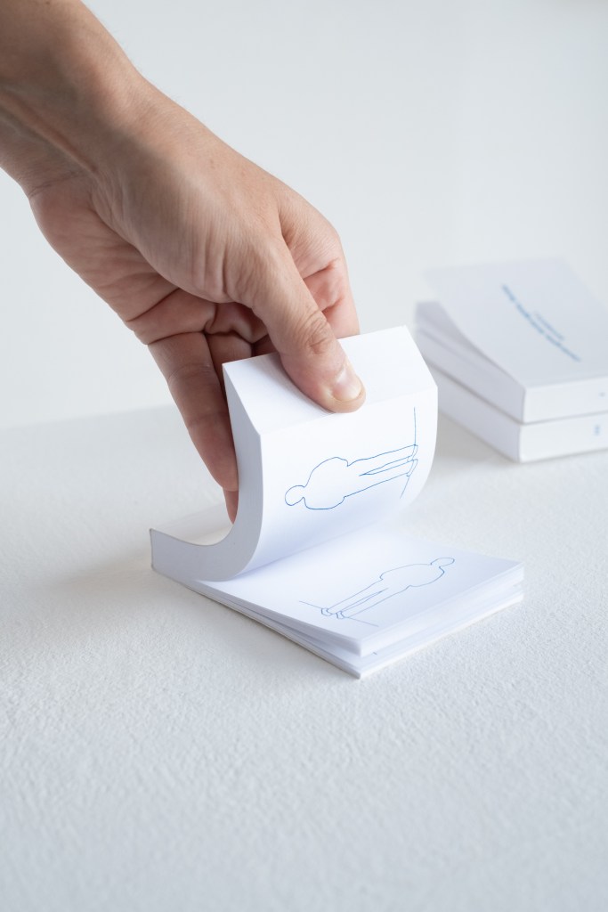 View of Luccica segreto, luccica segreto, luccica (2024), a flip book trilogy by Marta Magini, with illustrations and text by the artist and graphic design by Giorgia Florenzano. Photo by Michela Del Longo.