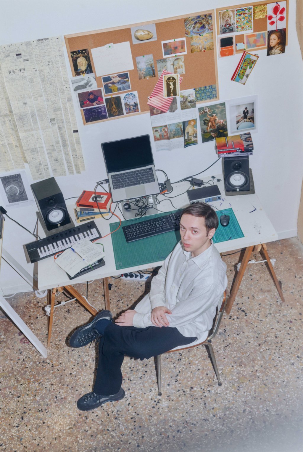 Portrait of Tommaso Pandolfi working in his studio during a residency at Fondazione Bevilacqua La Masa, Venice, 2025. Photo by Alessio Keilty.
