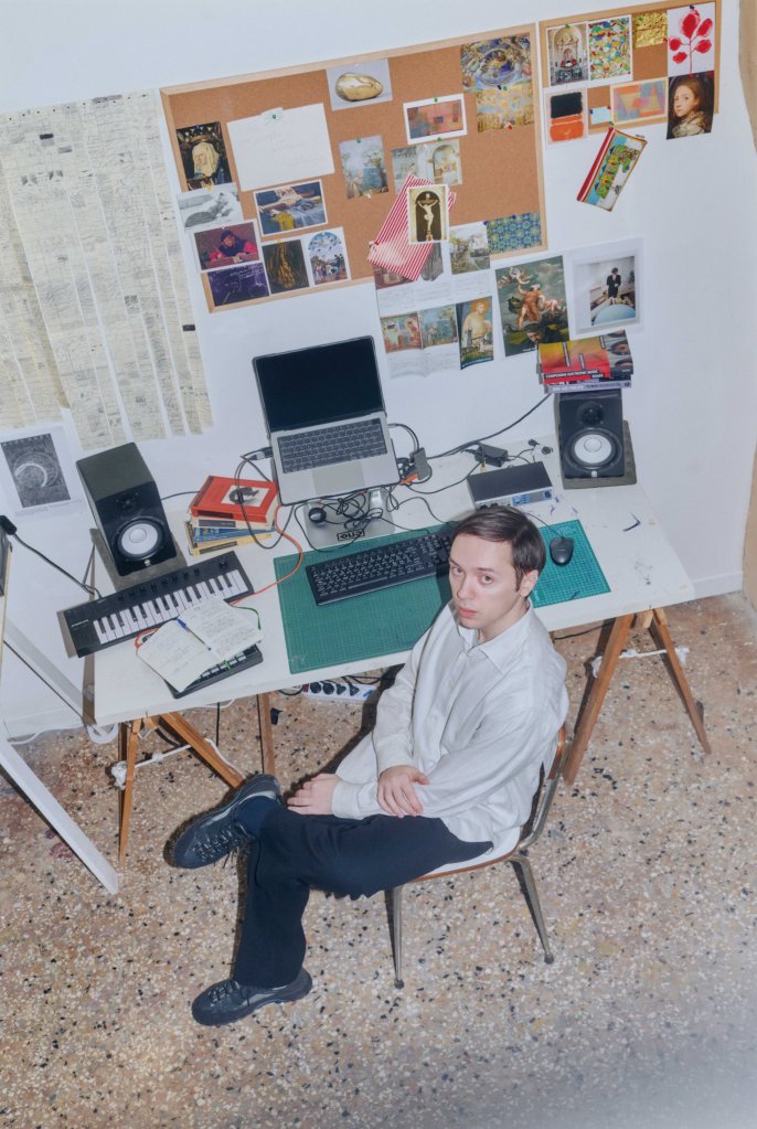 Portrait of Tommaso Pandolfi working in his studio during a residency at Fondazione Bevilacqua La Masa, Venice, 2025. Photo by Alessio Keilty.