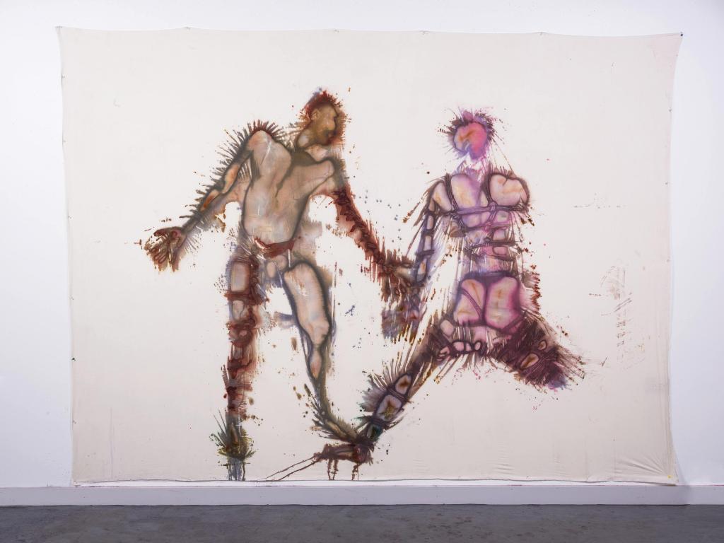 Binded Relations (2024) by Kyle Meyer, a large-format textile in hand-dyed cotton, with interwoven hues.