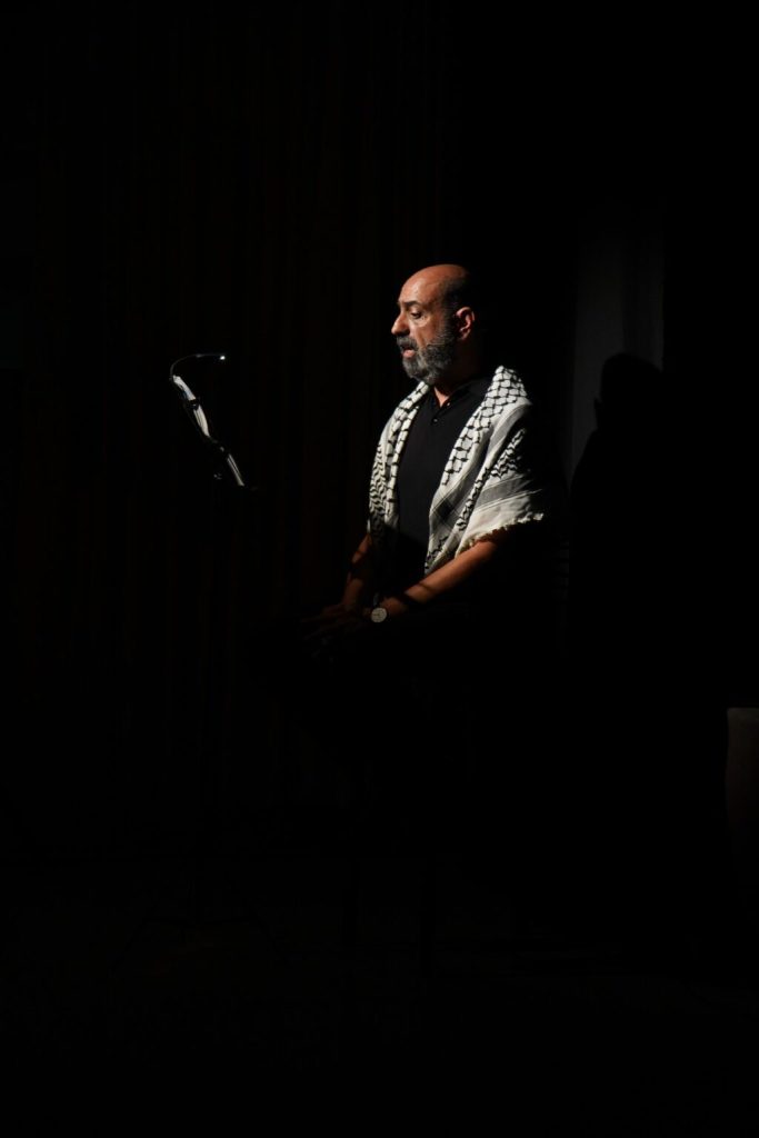 Image documenting a cultural or theatre initiative supported by The Owneh Initiative, Al-Harah Theatre, and Baladi Centre for Culture and Arts