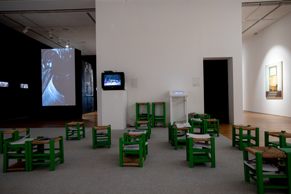 Installation view of I Shall Carve the Sun’s Words in Ramallah on 5 April 2025, showing artworks displayed within a gallery setting. Courtesy A.M. Qattan Foundation
