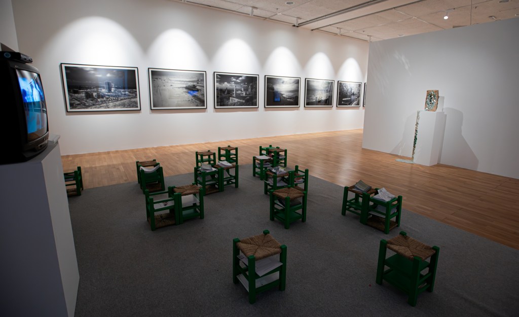 Installation view of I Shall Carve the Sun’s Words in Ramallah on 5 April 2025, showing artworks displayed within a gallery setting. Courtesy A.M. Qattan Foundation