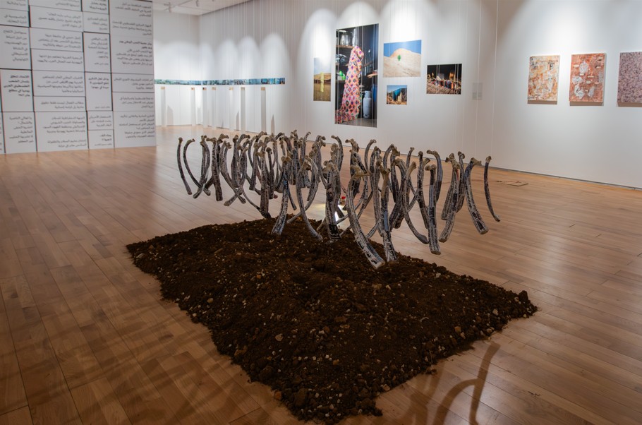 Exhibition view of Izz Al-Jabari’s contribution to I Shall Carve the Sun’s Words, displayed in a gallery in Ramallah on 5 April 2025. Courtesy A.M. Qattan Foundation