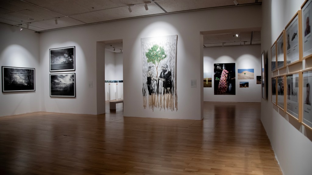 Installation view of I Shall Carve the Sun’s Words in Ramallah on 5 April 2025, showing artworks displayed within a gallery setting. Courtesy A.M. Qattan Foundation