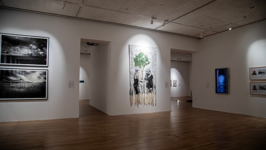 Installation view of I Shall Carve the Sun’s Words in Ramallah on 5 April 2025, showing artworks displayed within a gallery setting. Courtesy A.M. Qattan Foundation