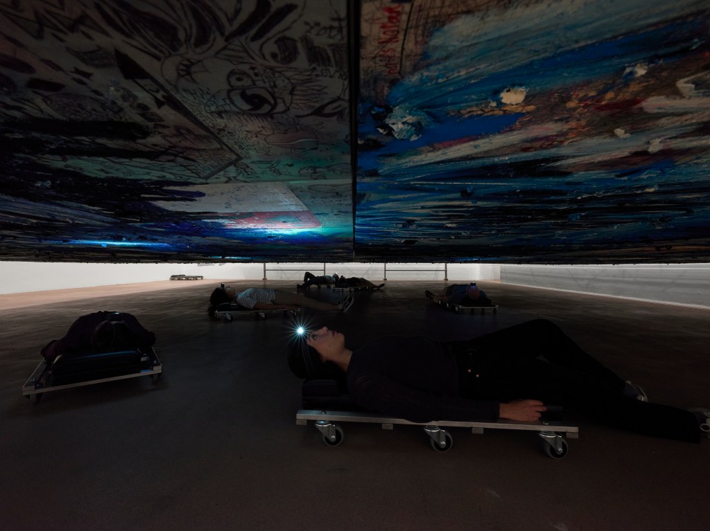 Installation view of Oscar Murillo’s A see of history (Una visione della storia) (2025) in the exhibition Inserzioni at Castello di Rivoli Museo d’Arte Contemporanea, Rivoli–Turin. Photo by Tim Bowditch.