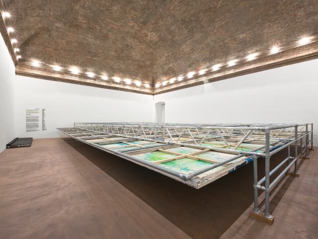 Installation view of Oscar Murillo’s A see of history (Una visione della storia) (2025) in the exhibition Inserzioni at Castello di Rivoli Museo d’Arte Contemporanea, Rivoli–Turin. Photo by Tim Bowditch.