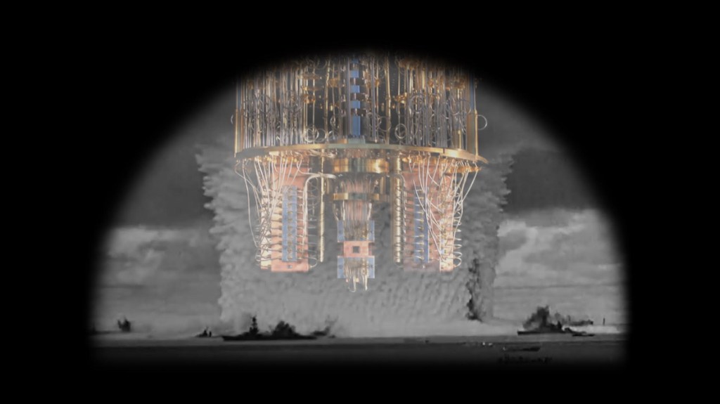 Video still from Time forks perpetually towards innumerable futures. In one of them I am your enemy (2025) by Jacqui Davies, showing a cinematic composition that explores alternate temporalities.