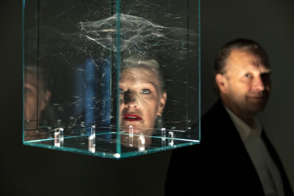 Curators Daniel Birnbaum and Jacqui Davies stand beside Tomás Saraceno’s Hybrid semi-social musical instrument NGC 2976 (2014) during The Quantum Effect exhibition at SMAC San Marco Art Centre, Venice, 2025. Photo by Enrico Fiorese