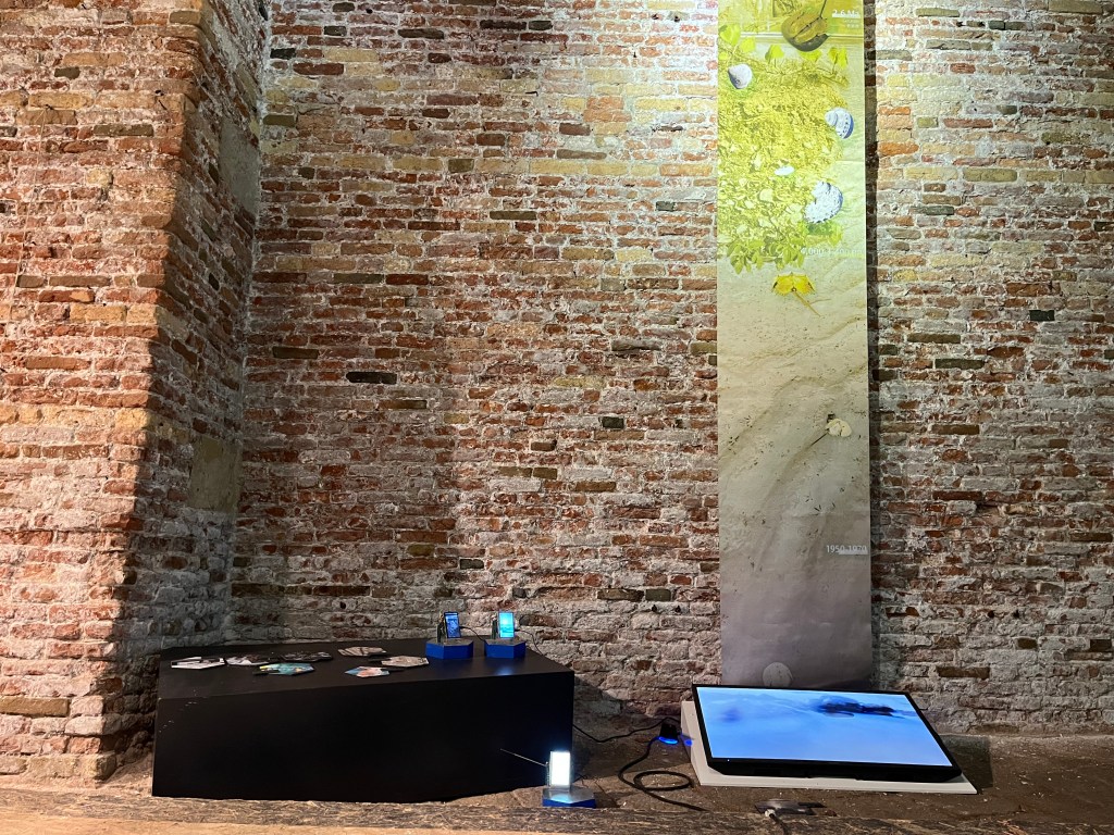 Installation view of Jui-Lan YAO’s The Replicate Blue.eu (2023–2025), combining digital and sculptural components within the S.a.L.E. Docks space. Photo by Rebecca Canavesi