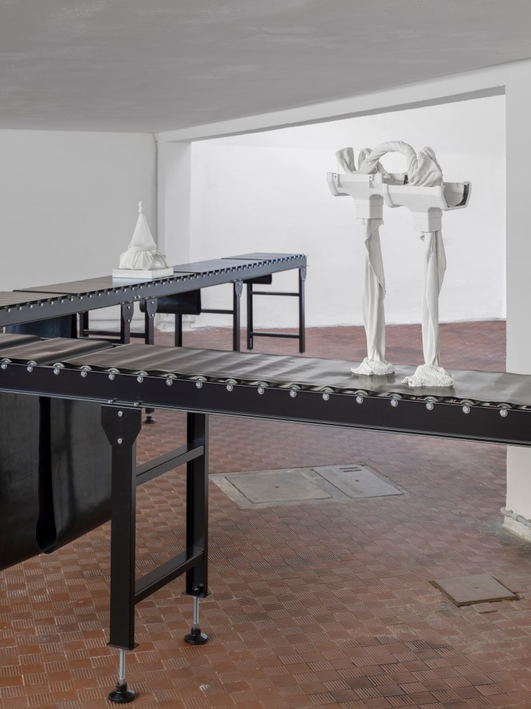 Installation view of Jack O’Brien’s A Formality (2025) at Ordet, showing sculptural and spatial elements arranged within the gallery. Photo by Nicola Gnesi