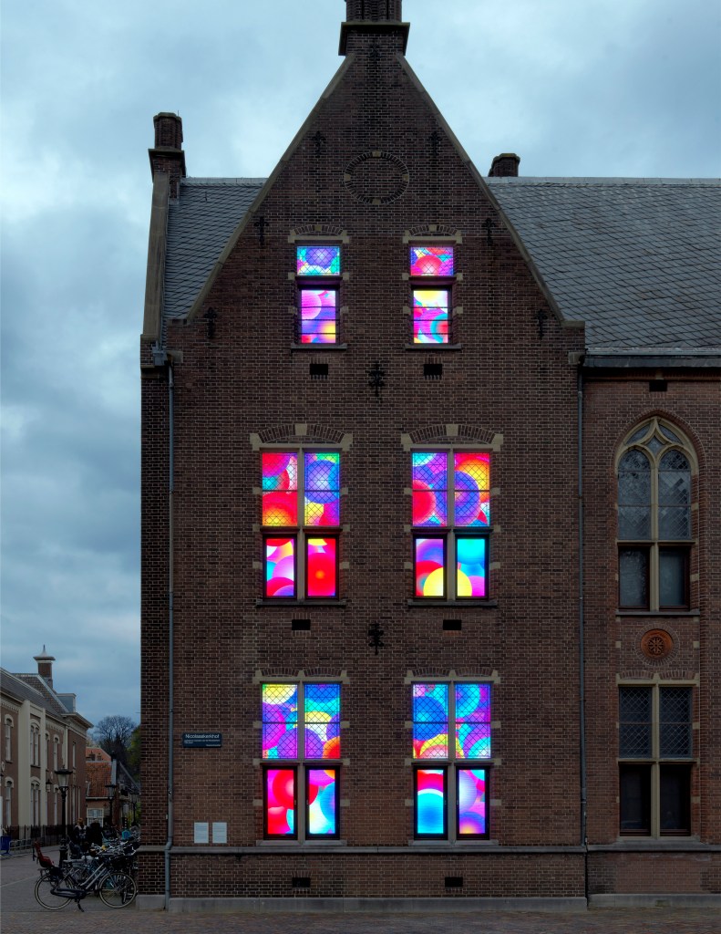 Installation view of Double Pressure at the Centraal Museum, where digital color fields engage with the museum’s architectural space.